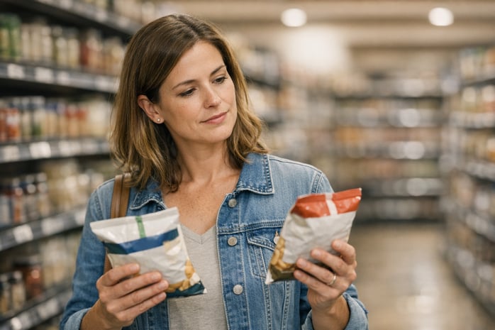 Woman Choosing Groceries at Store Checkout