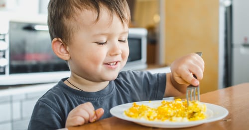 Child sits at kitchen table holding fork in front of plate of protein-based scrambled eggs