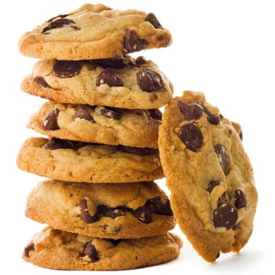 Chocolate chip cookies stacked in pile